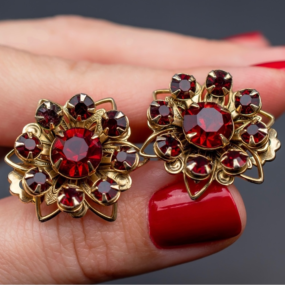 Red rhinestone flower clip on earrings, large crystal no piercing stud gold tone